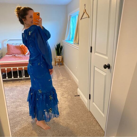 Vintage Handmade Blue Embellished Long Sleeve Mermaid Maxi Gown Small - Picture 6 of 15